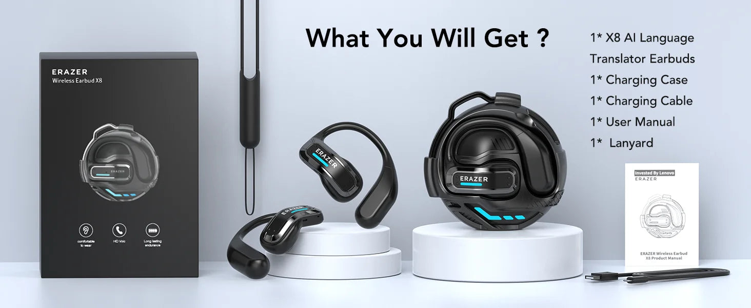 ERAZER X8 AI Translator Earbuds Gaming Bluetooth 5.4 Wireless Headphones Low latency HD Call Earphones with Mic Waterproof