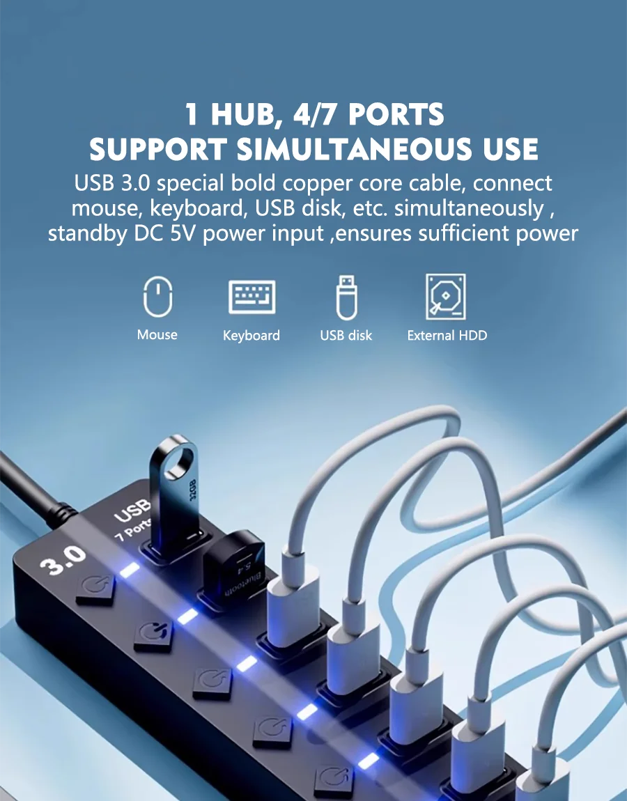 JUMPEAK 4 Port 7 Port USB Hub USB3.0 Expander Docking Station Splitter With Power Adapter With Switch For Laptop PC Multi-Device