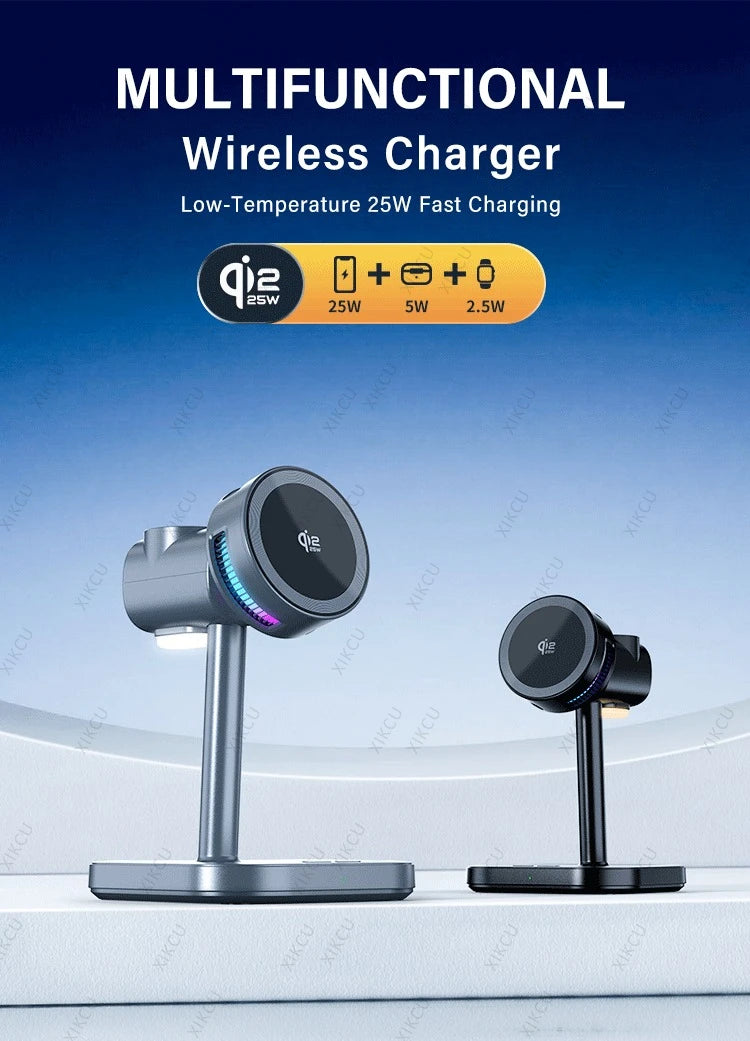 3 IN 1 Magnetic qi2 25W Wireless Charger Stand LED Light  Air Cooling Fast ChargingFor iPhone 17~12 Airpods Pro 3/2 Apple Watch