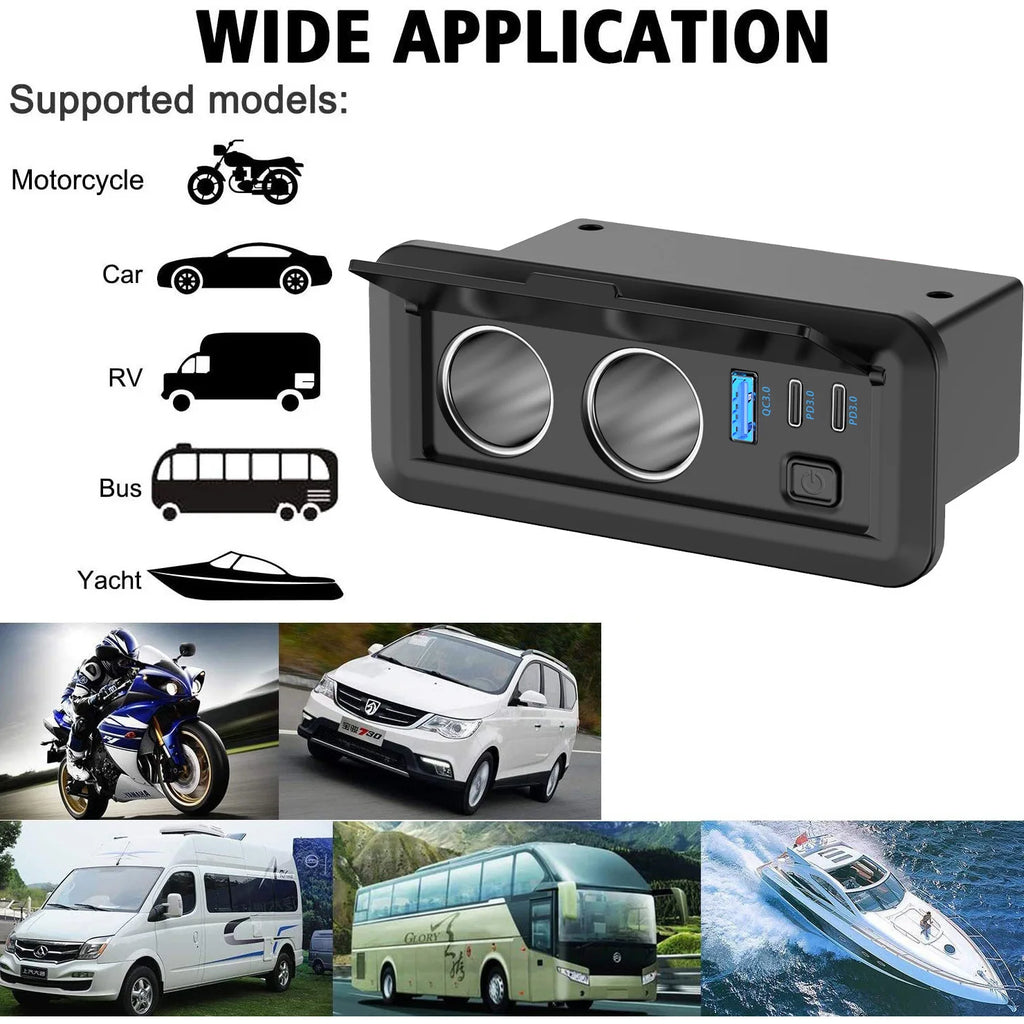 12V 3 Port Car Cigarette Lighter Socket Dual PD3.0 USB Outlet Car Charger Port with ON-OFF Switch for Marine Bus Boat Marine RV