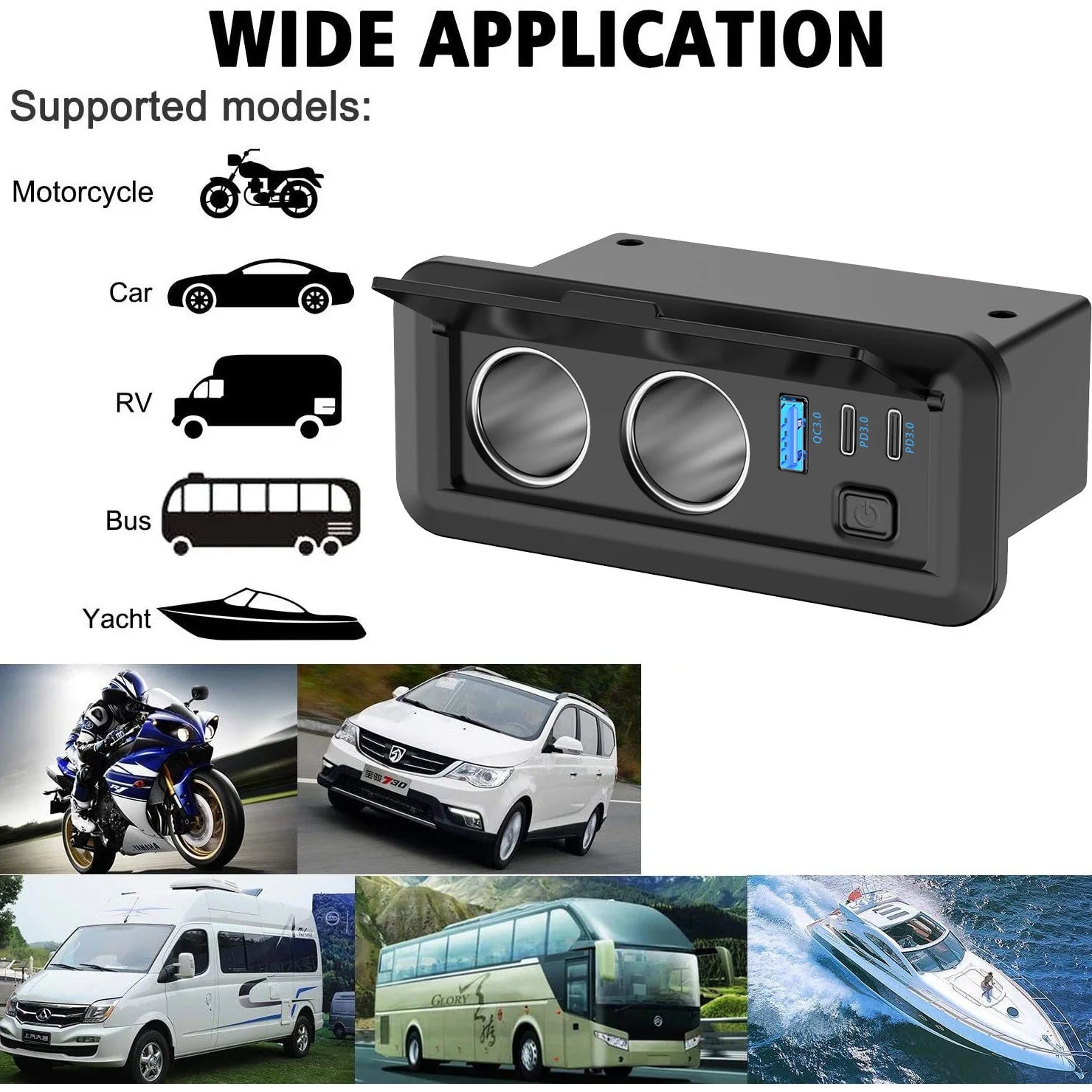 12V 3 Port Car Cigarette Lighter Socket Dual PD3.0 USB Outlet Car Charger Port with ON-OFF Switch for Marine Bus Boat Marine RV