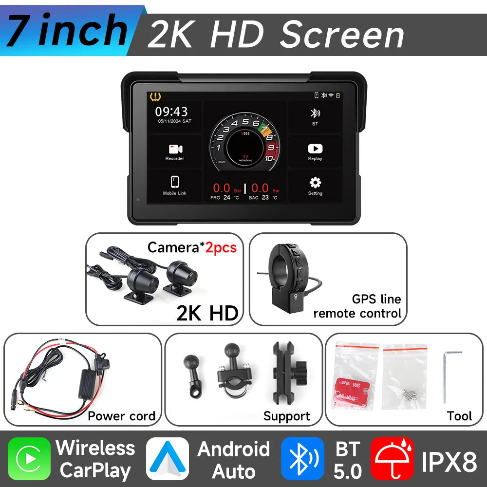 2024 Motorcycle GPS Navigation 2K HD Recorder Wireless CarPlay Android Auto Multimedia Player IP67 Waterproof Screen Bluetooth