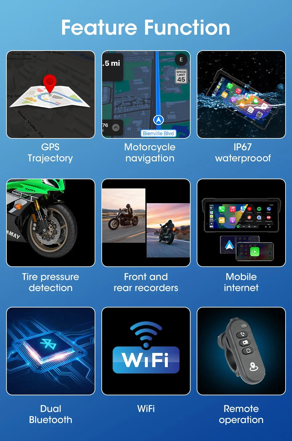 Jansite 8.1 Inch 4K Motorcycle CarPlay Screen 4K Dash Cam Wireless Android Auto Bluetooth GPS Navigation IPX7 Waterproof Display
