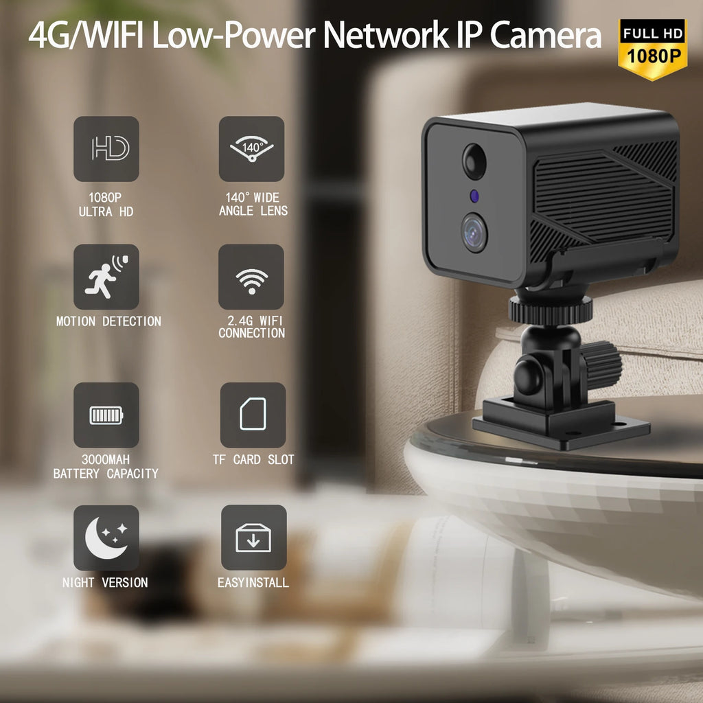 Mini 4G SIM/ WIFI Indoor Security Built-in Battery Power Wide Angle Humanoid Detection CCTV Home Surveillance Network IP Camera