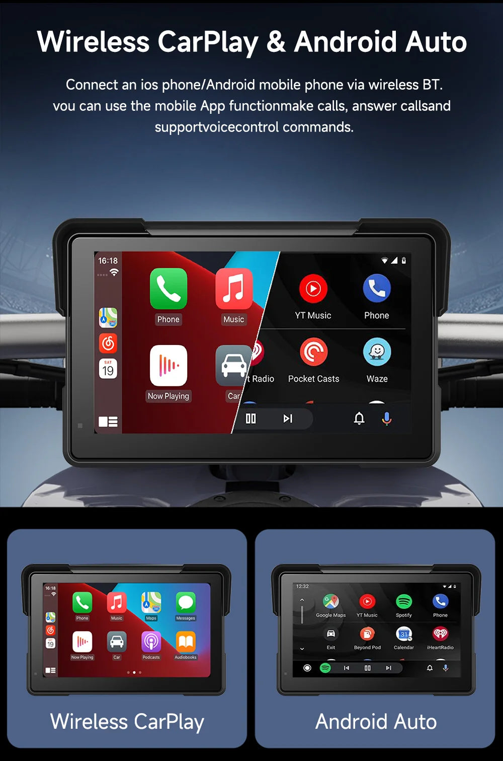 2024 Motorcycle GPS Navigation 2K HD Recorder Wireless CarPlay Android Auto Multimedia Player IP67 Waterproof Screen Bluetooth