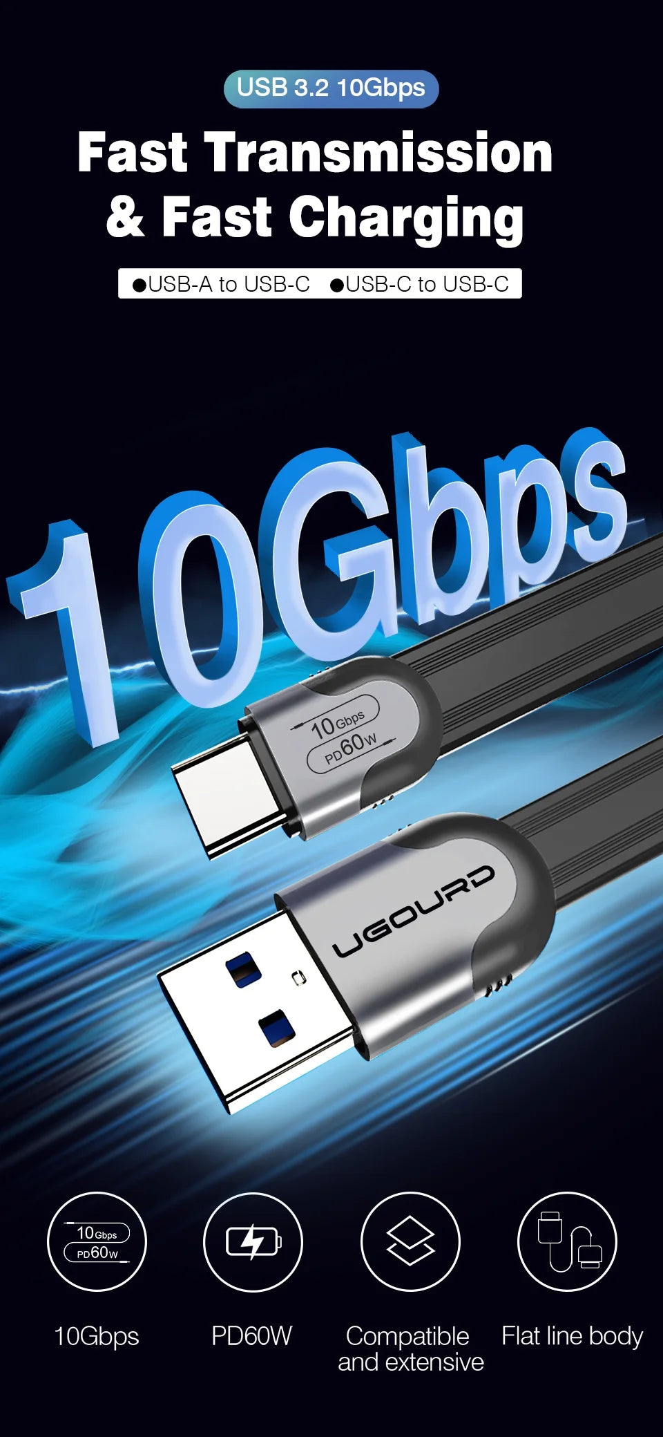 UGOURD USB A to C 10Gbps Cable USB C to Type C USB3.1/3.2 Gen2 Cable Data Transfer USB SSD Hard Disk Cable 60W 0.15m - 3m Flat
