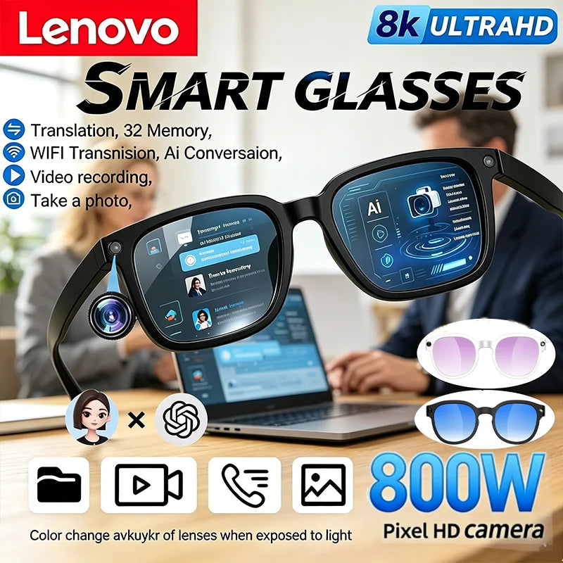 Lenovo AI Smart Glasses 8MP HD Camera 8K Shooting Image AI Translation Bluetooth Call Recording Music Smart SunglassesGifts 2026