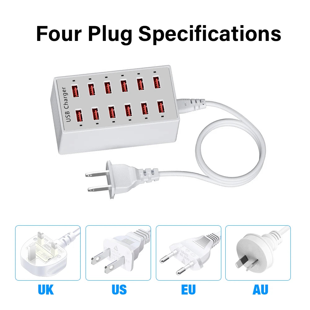 EU US UK AU Wall Desktop Power Adapter USB Charger Station Dock For Mobile Phone iPad Macbook Laptop 5V 2.4A 12 Ports Multi Plug