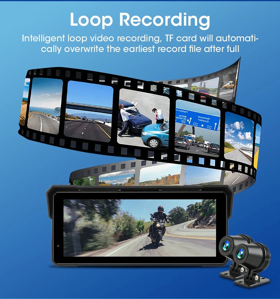 Jansite 8.1 Inch 4K Motorcycle CarPlay Screen 4K Dash Cam Wireless Android Auto Bluetooth GPS Navigation IPX7 Waterproof Display