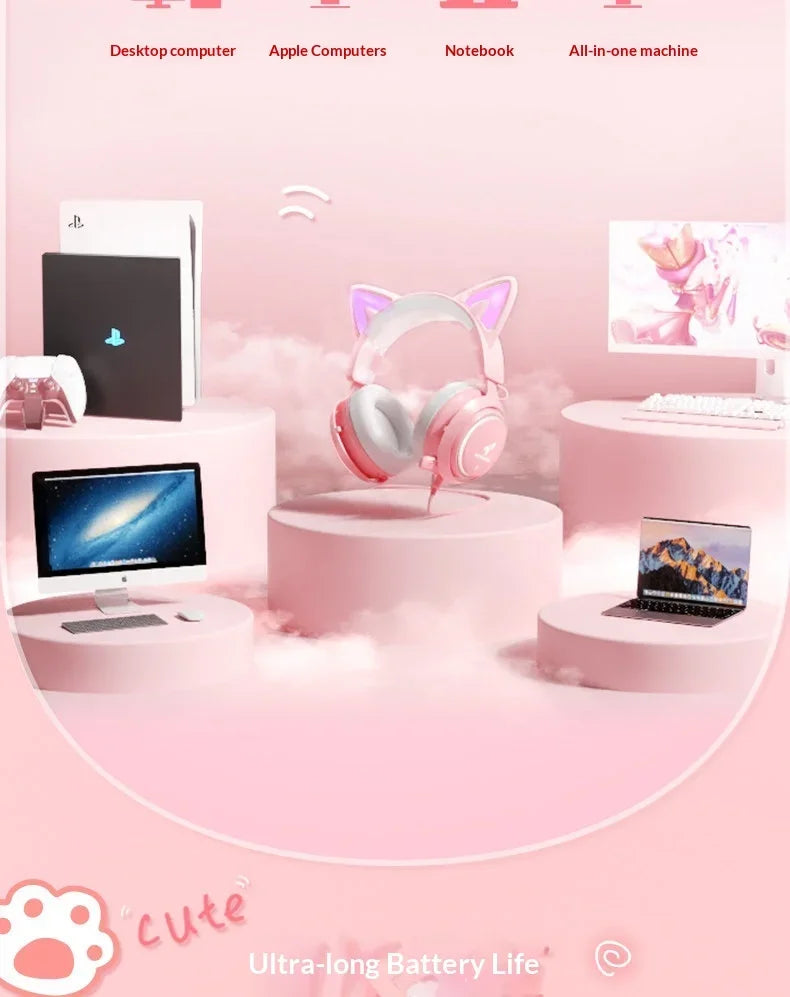 Somic GS510 Gamers Headphone With Microphone Cat Ears Rgb Light Colorful Cute Headset Noise Reduction Girl Gaming Earphones Gif