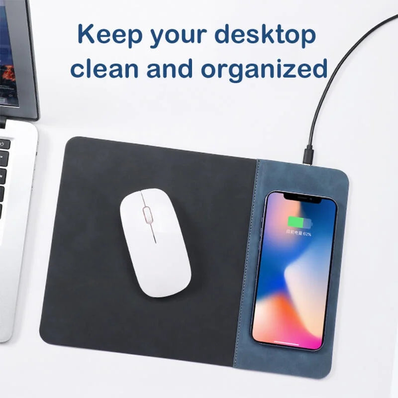 Mouse Pad with 15W Phone Wireless Fast Charging 2 in 1 PU Leather Gaming Mousepad for PC Computer Laptops Office Accessories