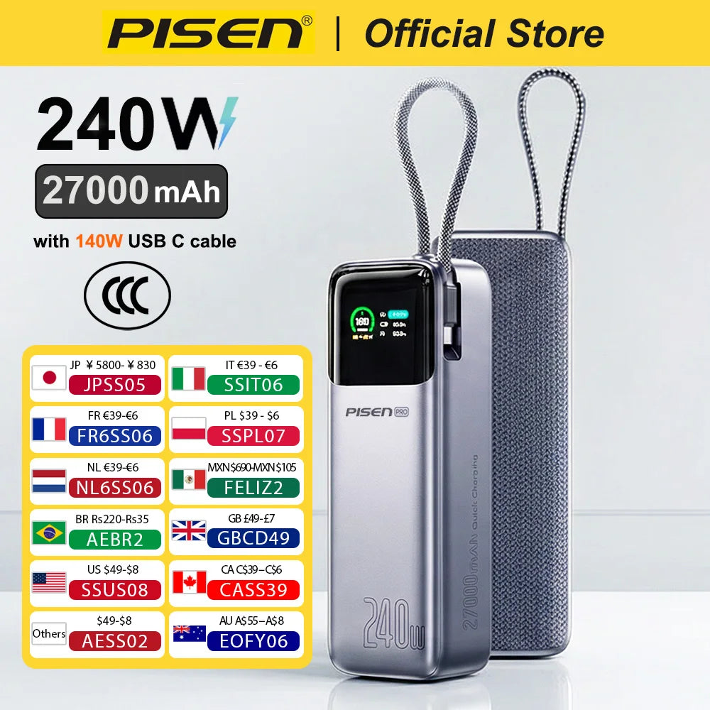 PISEN 240W Power Bank With Fast Charging Cable 27000mAh Portable PD3.1 CCC Powerbank for Laptop Notebook iPhone External Battery