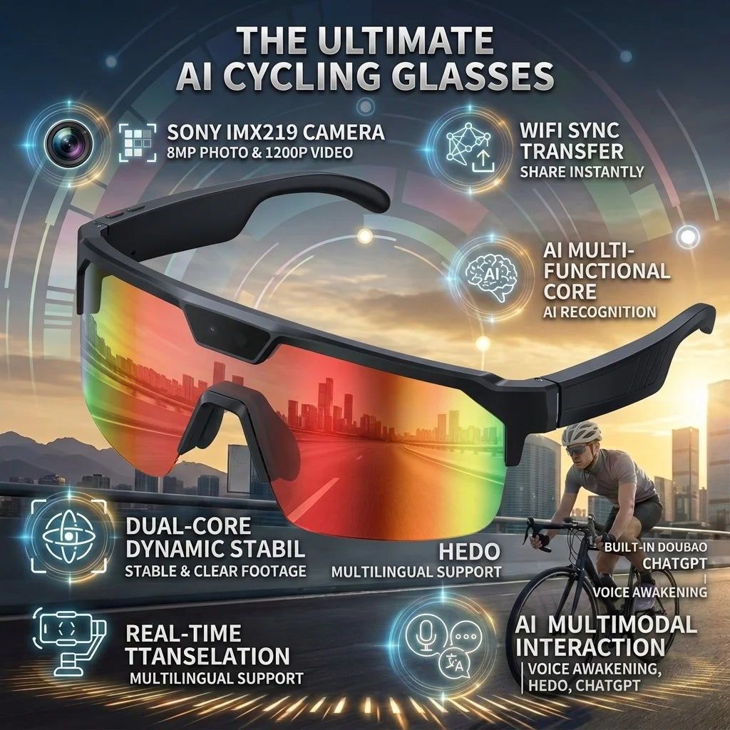 2026 New AI Sport Cycling Smart Glasses 80MP Camera 1200P HD Video Bluetooth 5.3WiFi Open Ear Riding Speaker Real-Time Translate