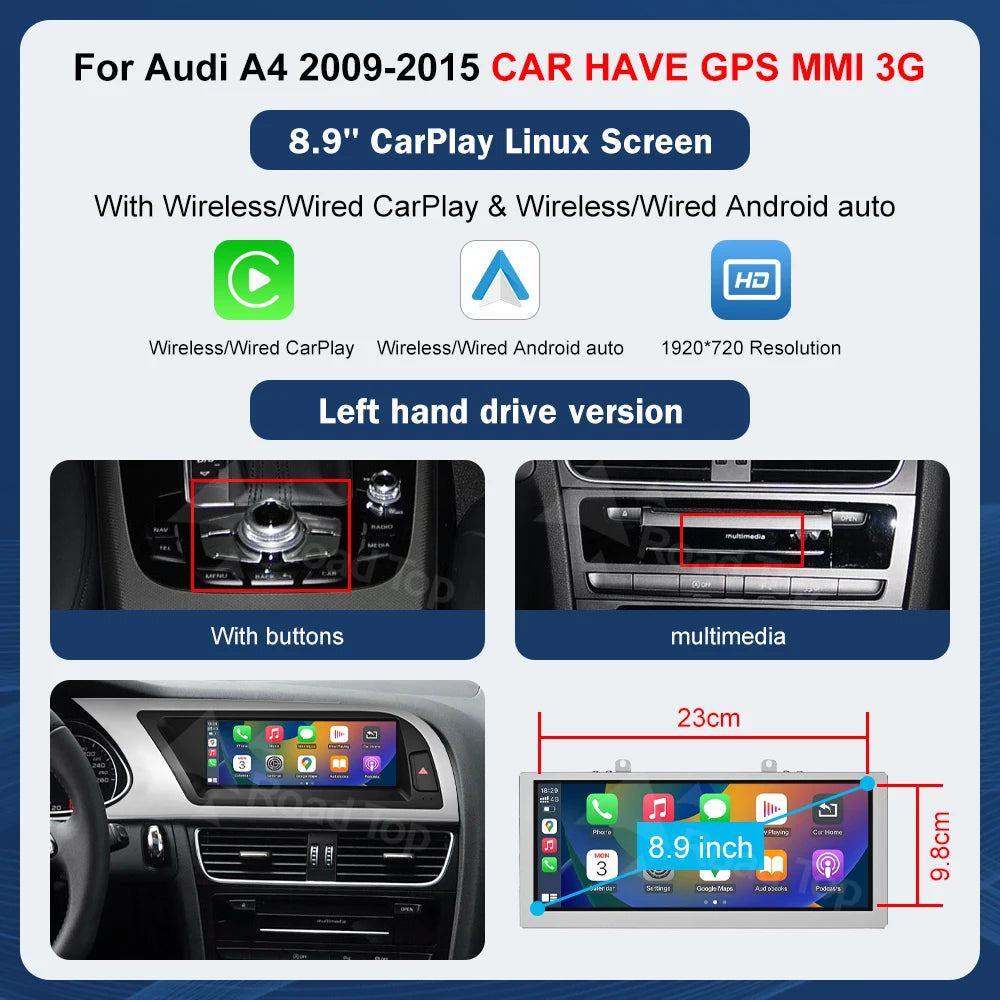 8.9 Inch 12.3"" Multimedia Display Touch Screen For Audi A4 S4 2009-2015 Airplay Miracast Function Wireless Carplay Android Auto